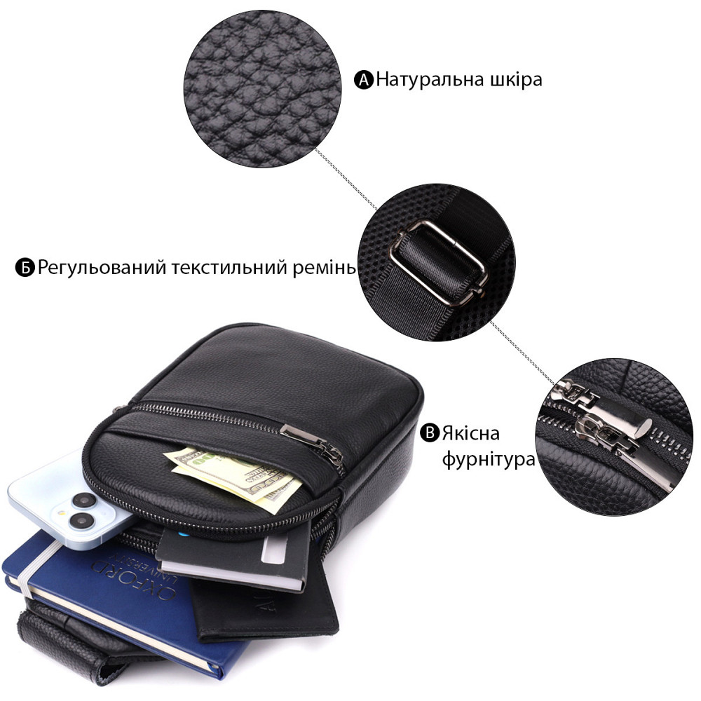 Мужская сумка через плечо из натуральной кожи Черный (Vintage) Киев - изображение 8