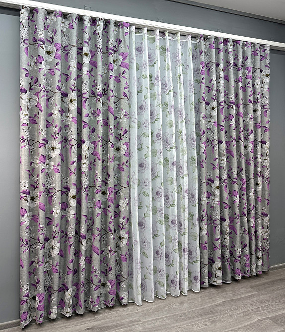 Комплект штор VR-Textil Лен Прованс 150х265 2шт и Тюль 400х265 1820ш-1367т Серый с фиолетовым и белым 71-108/3 Киев - изображение 3