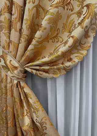 Комплект коротких штор VR-Textil Жаккард Завиток с люрексом № 1641ш Бежевый с золотистым 145х170 см 2 шт (35-0264) Киев