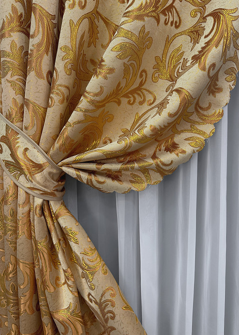 Комплект коротких штор VR-Textil Жаккард Завиток с люрексом № 1641ш Бежевый с золотистым 145х170 см 2 шт (35-0264) Киев - изображение 4