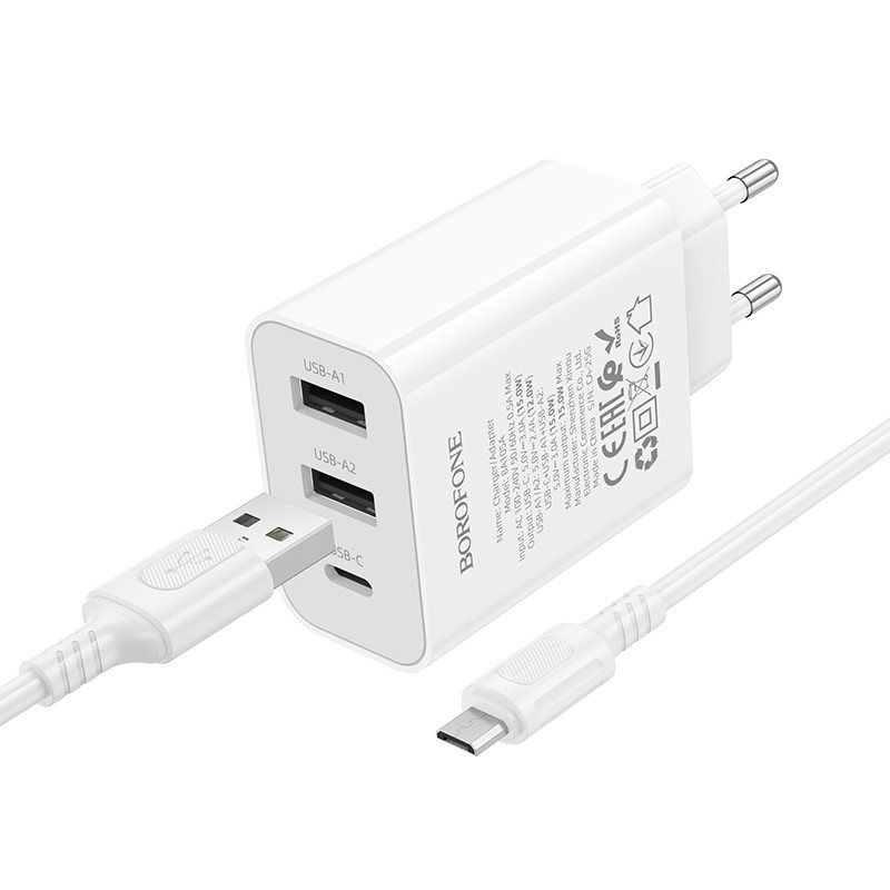 Мережевий зарядний пристрій з кабелем BOROFONE BA105A Stellar three-port charger set (Micro) (EU) White Одеса - фото 3