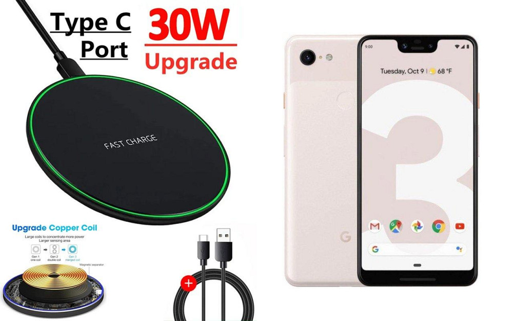 Бездротовий зарядний пристрій Copper до 30W для Google Pixel 3, Pixel 3 XL, USB-C, LED Київ - фото 1