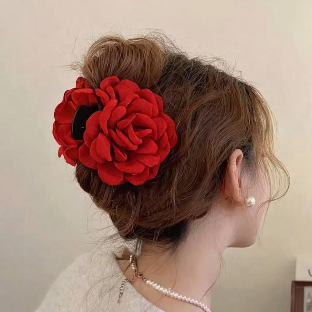 Крабик для волос с цветком розы красный 9 см, заколка краб для волос цветок, большой женский аксессуар для прически Киев - изображение 1