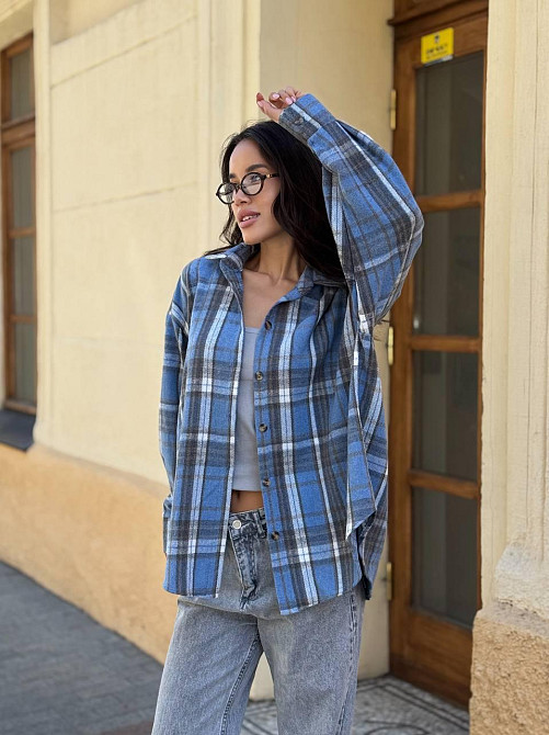 Жіноча тепла сорочка вільного крою в карту турецька байка Блакитний, 46/48 Одеса - фото 2