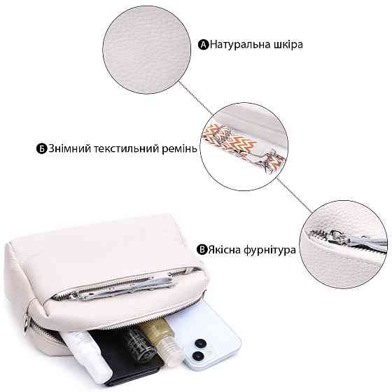 Интересная женская кожаная сумка из стильным бегунком Vintage 22653 Белая Киев