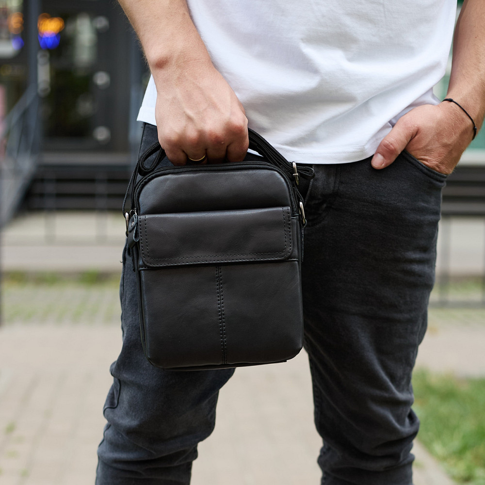 Сумка-барсетка мужская через плечо кожаная гладкая черная Tiding Bag TD-86573 Киев - изображение 8