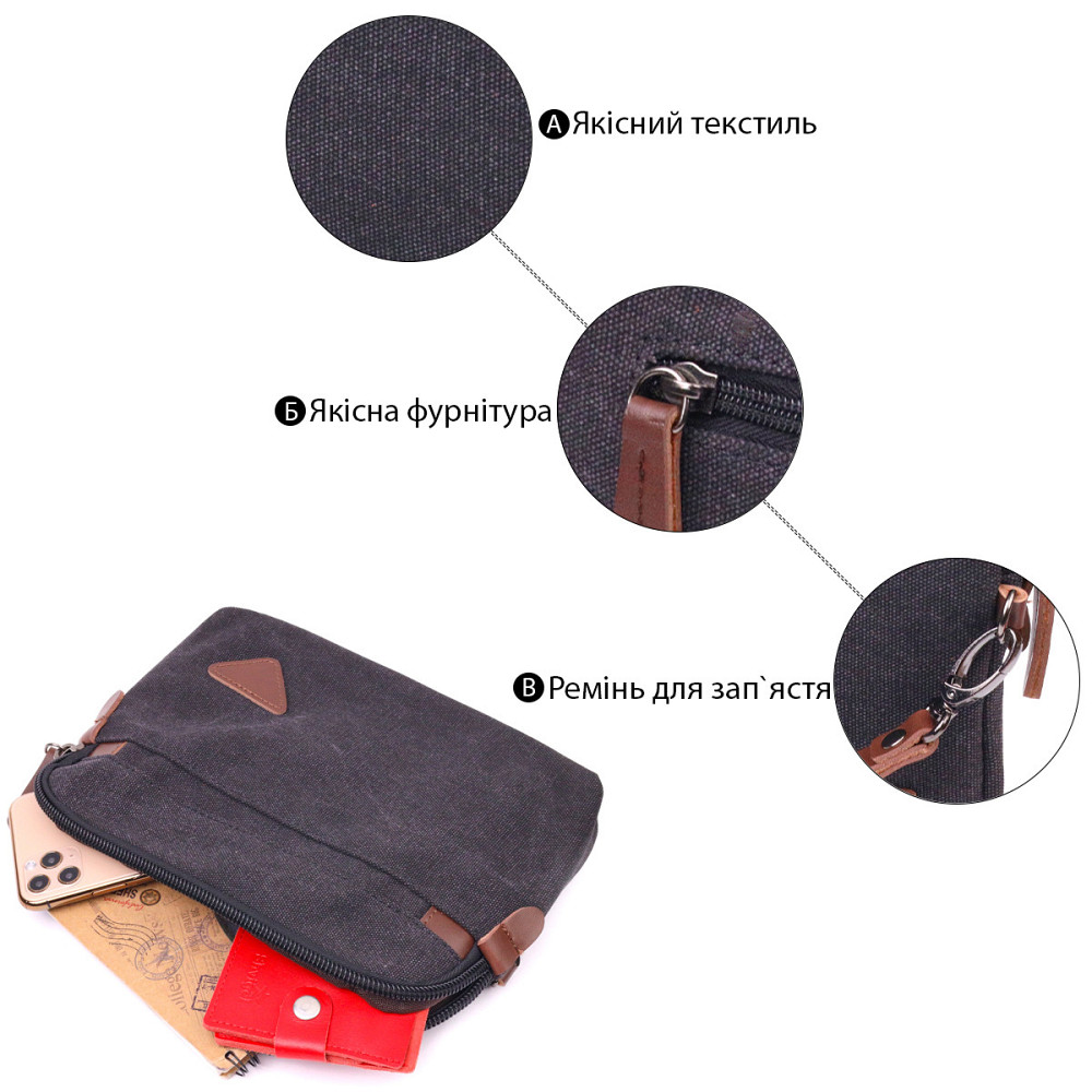 Зручна чоловіча барсетка текстильна Чорна (Vintage) Київ - фото 8