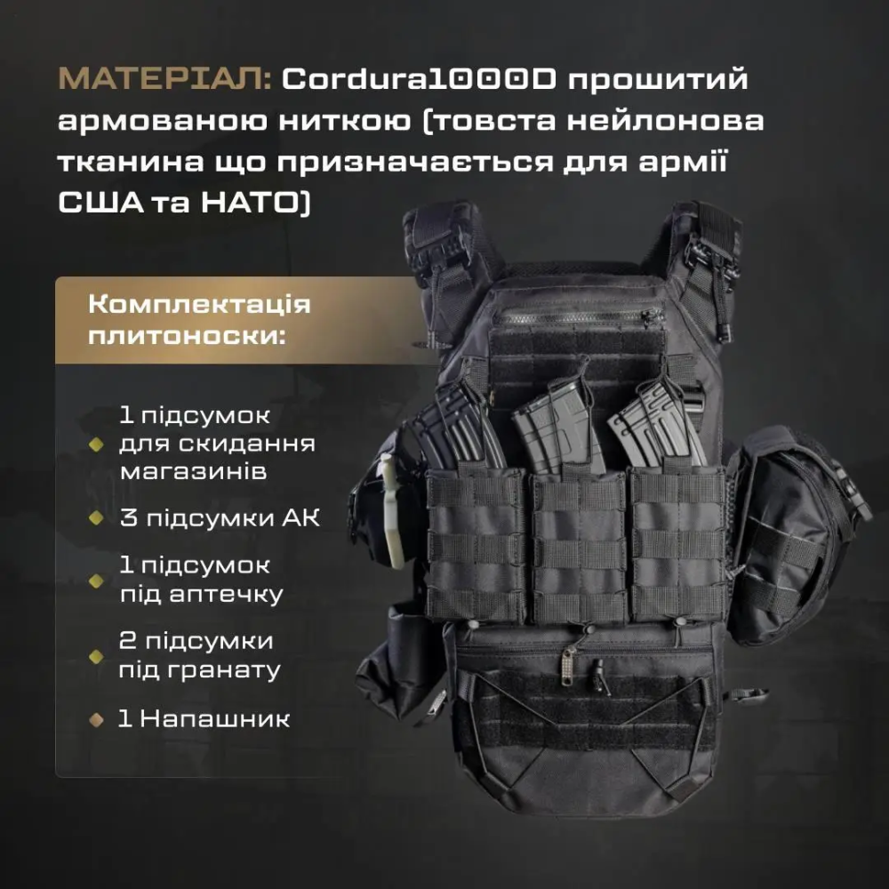 Комплект плитоноски з підсумками та напашником, швидким скиданням (без плит) Чорний Київ - фото 7