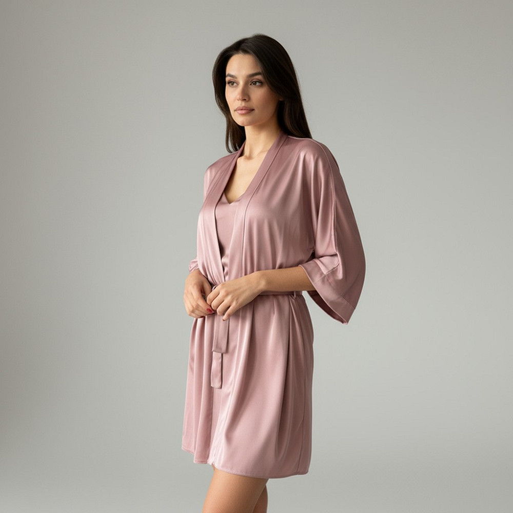 Халат женский шелковый под пояс длина 90см Пудровый XS/S Харьков - изображение 8