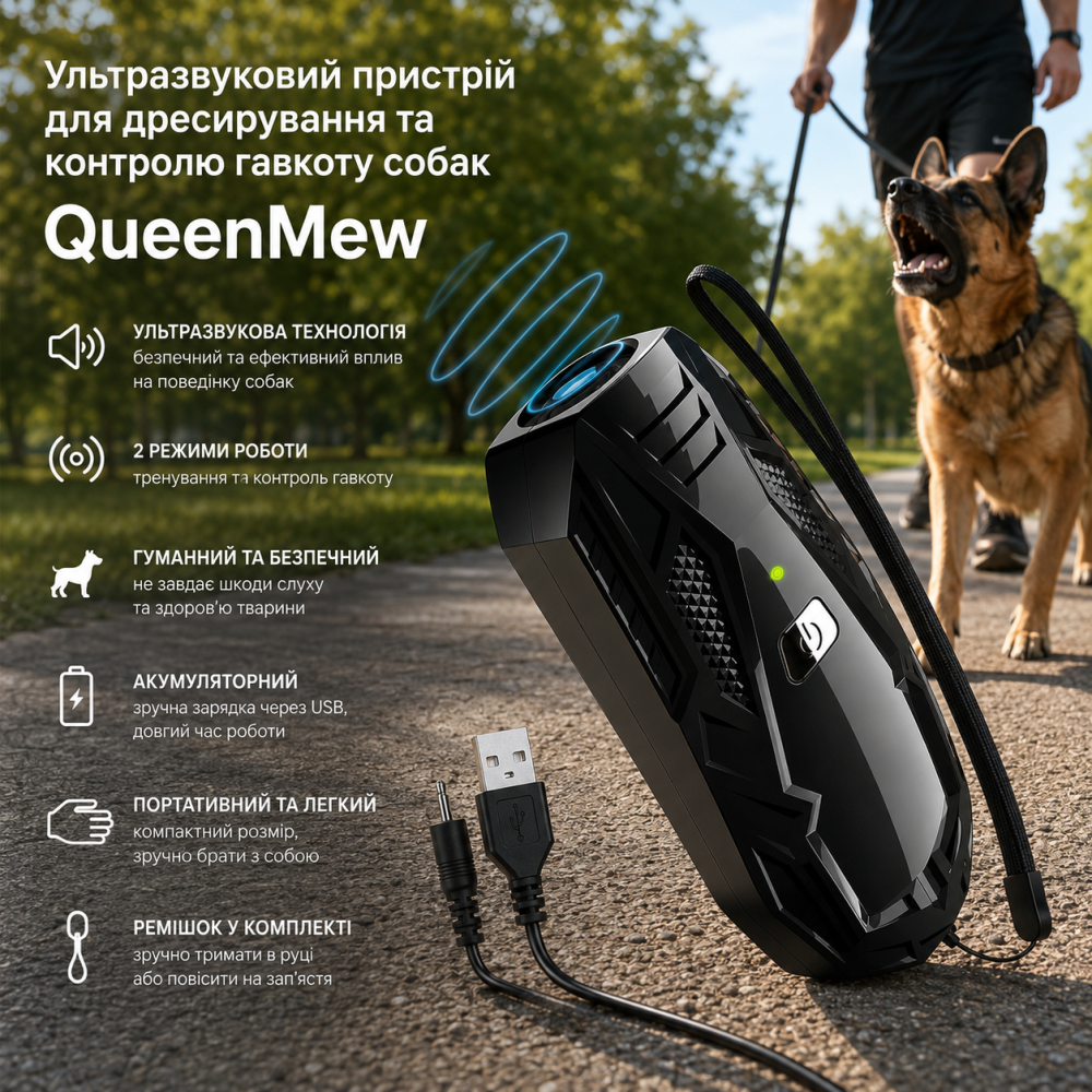 Ультразвуковий пристрій для дресирування та контролю гавкоту собак QueenMew: портативний, акумуляторний Уцінка Київ - фото 4