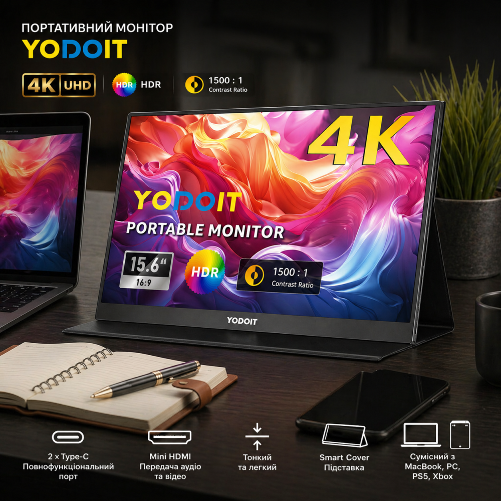 Портативний монітор Yodoit 15.6" 4K UHD IPS (3840x2160), Type-C, Mini HDMI, HDR, Smart Cover для MacBook, PC, PS5/Xbox Київ - фото 2
