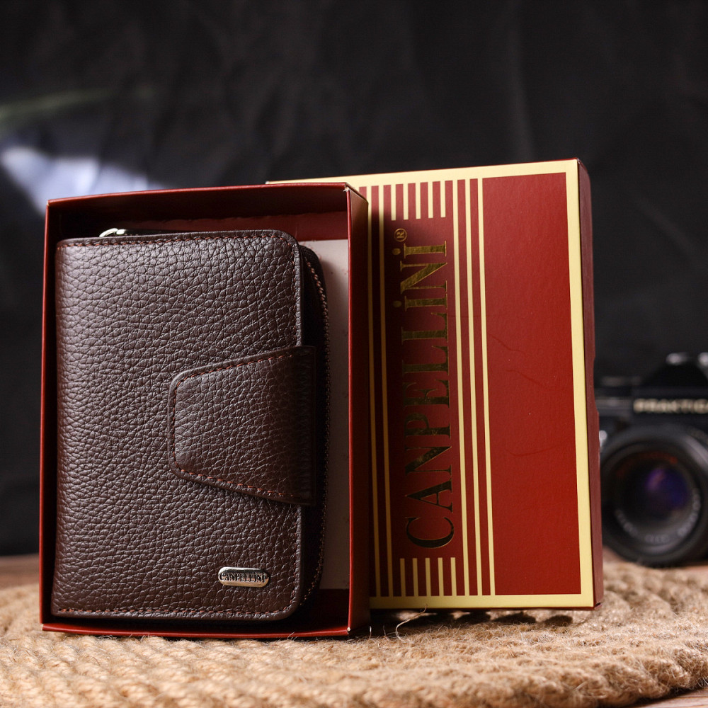 Красивое вертикальное портмоне для женщин с монетницей на молнии из натуральной кожи Коричневое (CANPELLINI) Киев - изображение 4