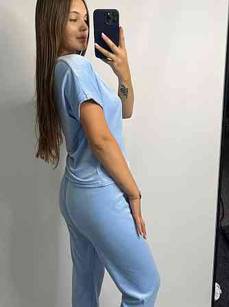 Пижама-комплект (футболка+шорти+штаны) из плюшевого велюра Голубой S Харьков