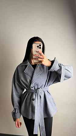 Женское трендовое пальто с двубортной застежкой на пуговицы и поясом Синий Одесса