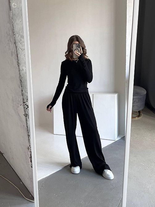 Жіночий базовий прогулянковий костюм-двійка: лонгслів і штани турецька віскоза Чорний, 42/46 Одеса - фото 1