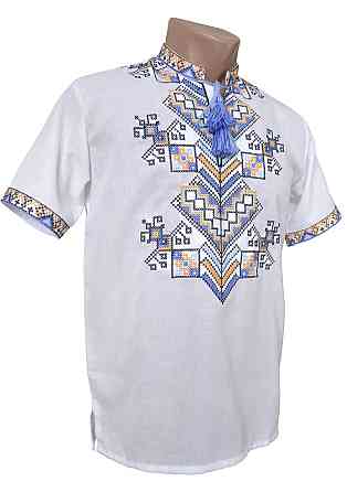 Мужская вышиванка на домотканом полотне в белом. Киев