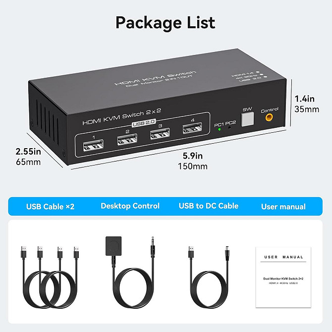 KVM-переключатель HDMI на 2 монитора TJCXELE, для 2 ПК, 2 ноутбука, 4K 30Гц, с USB 2.0, док-станция  Киев - изображение 7
