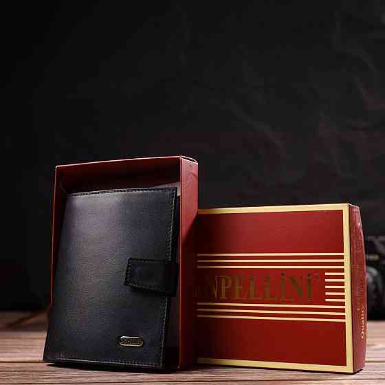 Классическое вертикальное мужское портмоне среднего размера из натуральной гладкой кожи Черное (CANPELLINI) Киев