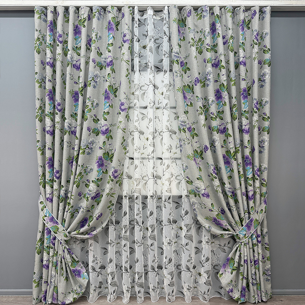 Комплект штор VR-Textil Льон Прованс 100х270 2шт і Тюль 300х270 2084ш-1681т Світло-сірий з фіолетовим та білим 71-208/1 Київ - фото 1