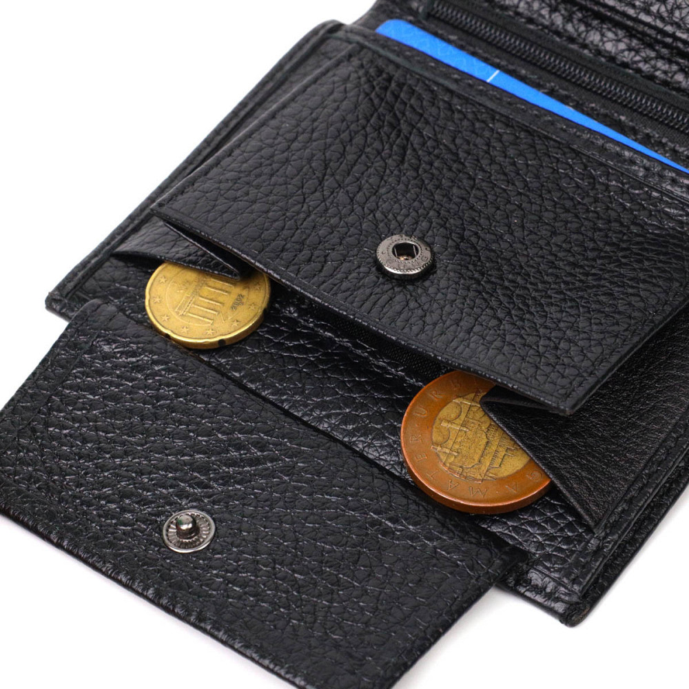 Небольшой мужской бумажник из натуральной зернистой кожи без застежки Черный (BOND) Киев - изображение 2