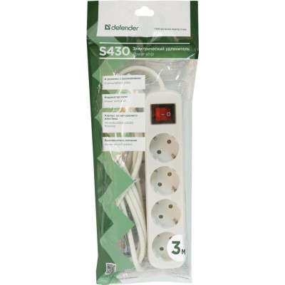 Сетевой удлинитель Defender S430 3.0 m 4 роз switch white (99238) Винница - изображение 4