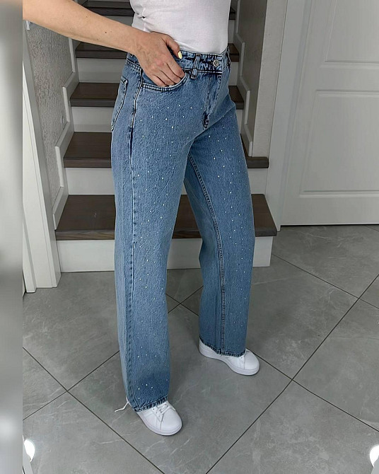 Женские прямые джинсы на высокой посадке со стразами 100% коттон 27 Одесса - изображение 4