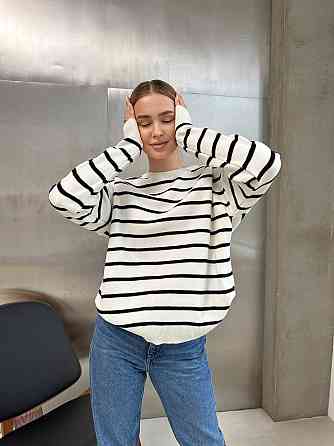 Жіночий базовий смугастий светр оверсайз шерсть 70% акрил 30% Білий Одеса