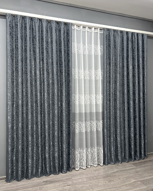 Комплект штор VR-Textil Льон Мармур 200х270 2шт і Тюль 500х270 1262ш-1675т Графітовий з білим 71-166/6 Київ - фото 3