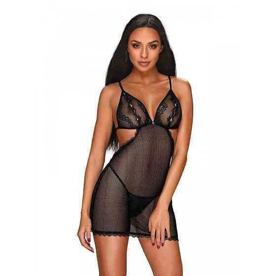 Пеньюар в сеточку Obsessive MILAGRO в комплекте с трусиками-стрингами, черный, L/XL Sex Aura Киев