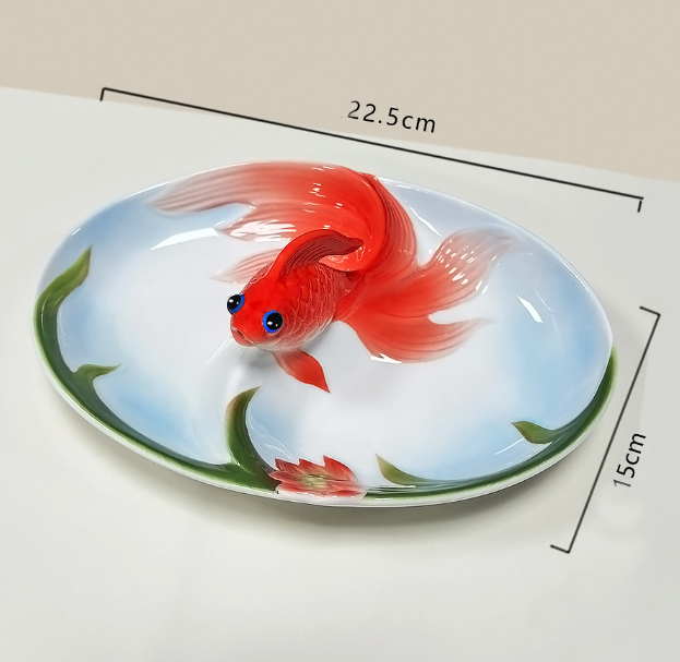 Менажница на 2 секции Золотая рыбка с лотосом 22,5 см китайский лепной костяной фарфор Кременчуг - изображение 2