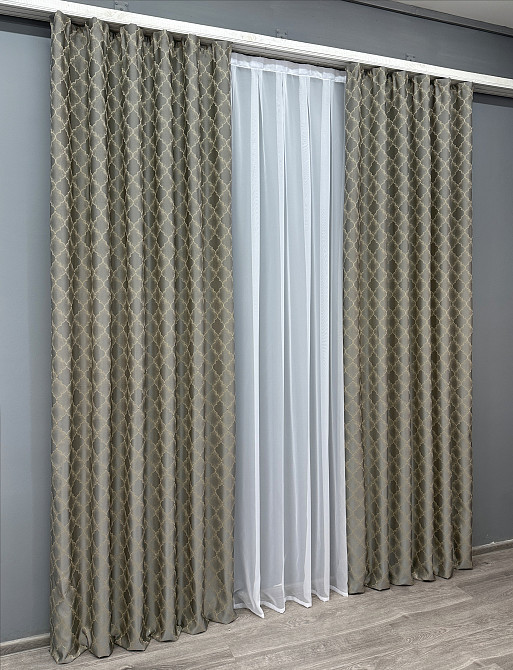 Комплект готовых штор VR-Textil Жаккард SAPFIR № 1755ш Серый с бежевым 150х300 см 2 шт (33-0711) Киев - изображение 4