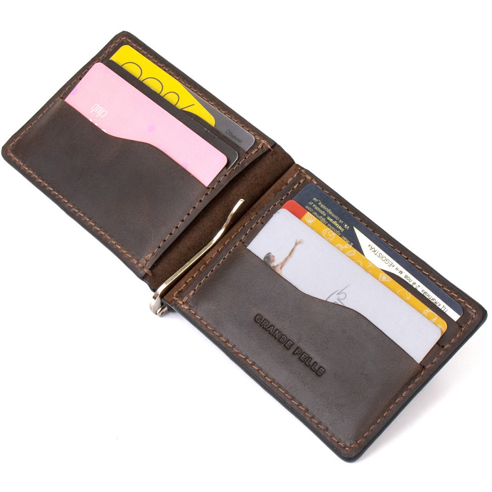 Вінтажний шкіряний затиск для грошей GRANDE PELLE 11473 Коричневий Київ - фото 8