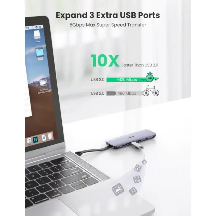 Багатопортовий хаб Ugreen USB-C to HDMI+3xUSB3.0+USB-C 70408 (Сірий) Николаев - изображение 3