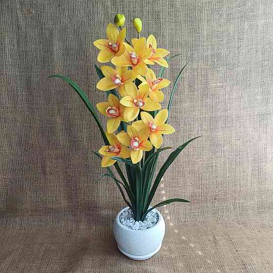 Штучна латексна орхідея цимбідіум у рожевому керамічному кашпо біла з рожевим Дніпро