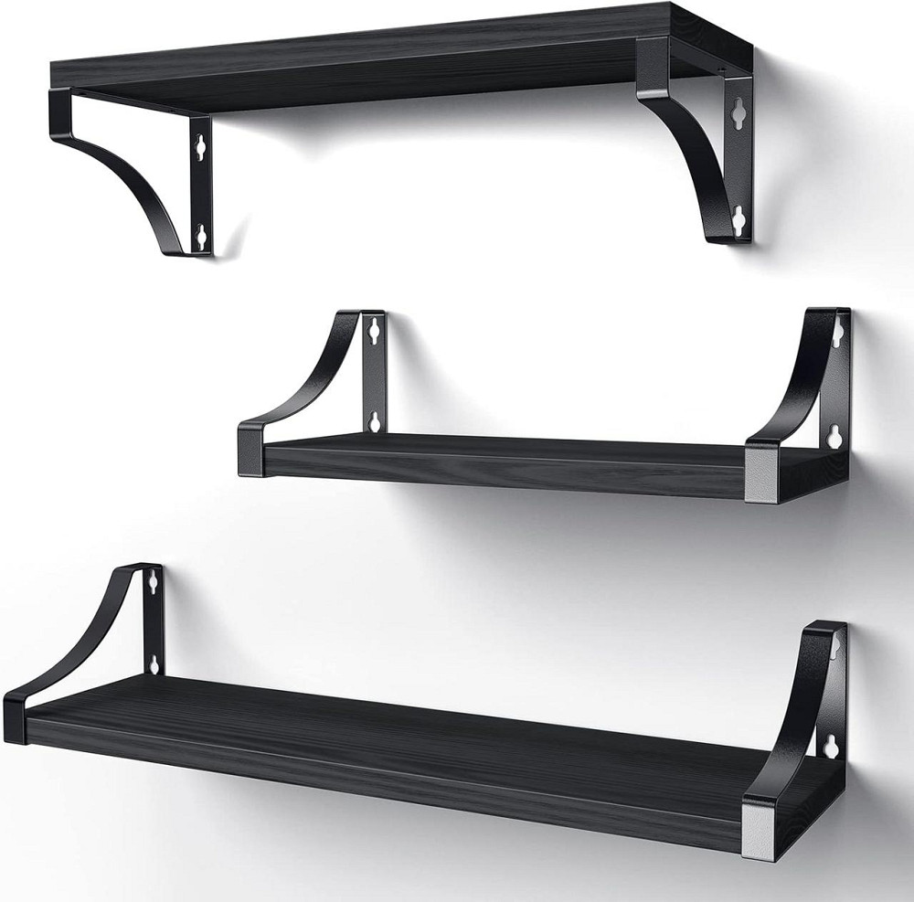 Полиця Pipishell PIFS01B-UK Чорний 3 полиці дерев'яні Paulownia металова конструкція дизайнерська настінна навісна до 10 кг Київ - фото 1