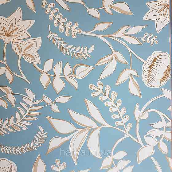 Шпалери вінілові на флізелін Caselio Mystery 0.53х10 м дитячі яскраві квіти листя білі золотисті на блакитному Київ