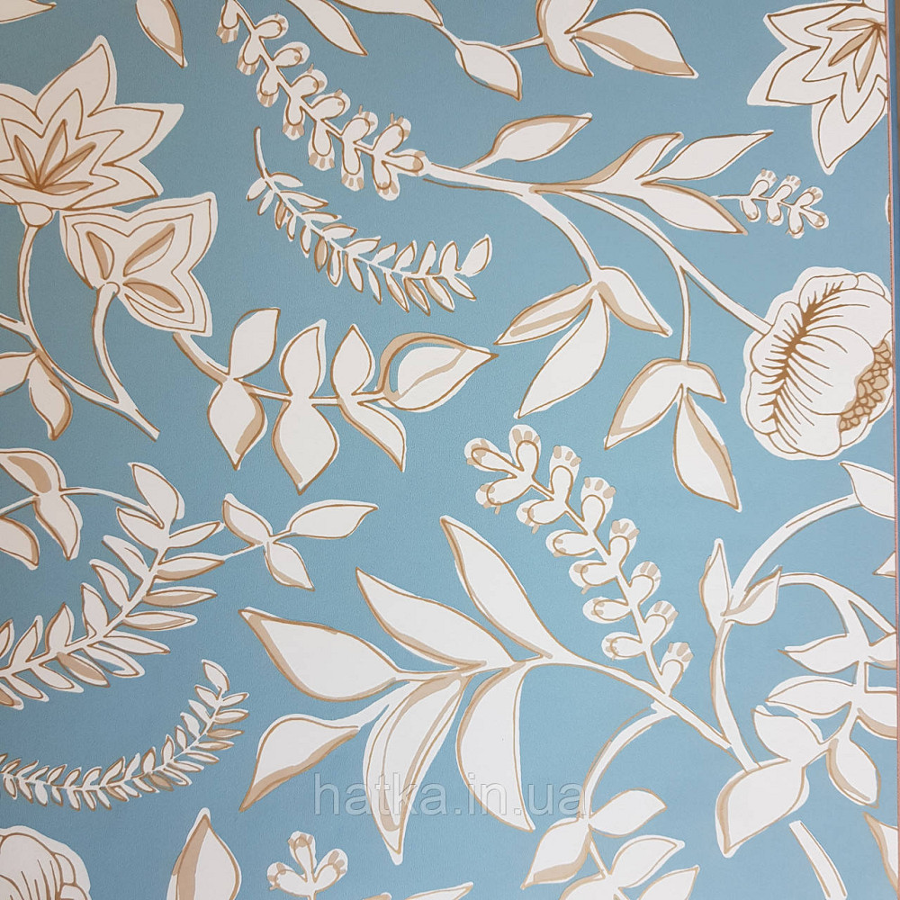 Шпалери вінілові на флізелін Caselio Mystery 0.53х10 м дитячі яскраві квіти листя білі золотисті на блакитному Київ - фото 2