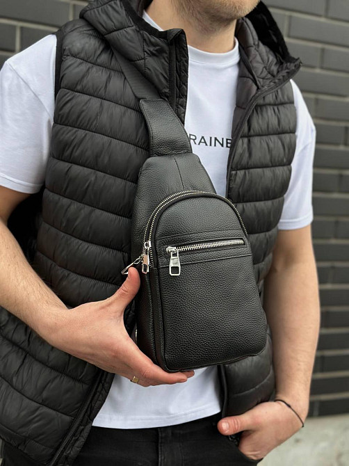 Мужская сумка-бананка через плечо 18х32х7, унисекс рюкзак на грудь с натуральной кожи TIDING BAG 3280 черный Каменское - изображение 6