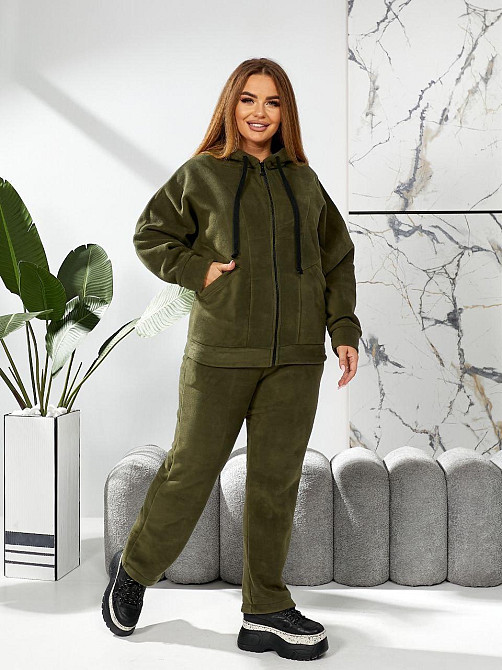 Жіночий теплий костюм-двійка: кофта та штани батал двосторонній фліс Полар Хакі, 54/56 Одеса - фото 1
