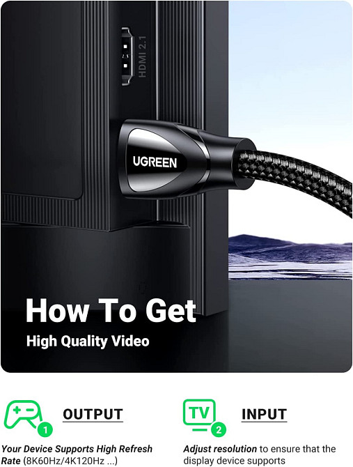 HDMI кабель V2.1 UGreen HD140 с поддержкой 8K@60Hz 4K@120Hz 80403 (Черный, 2м) Николаев - изображение 8