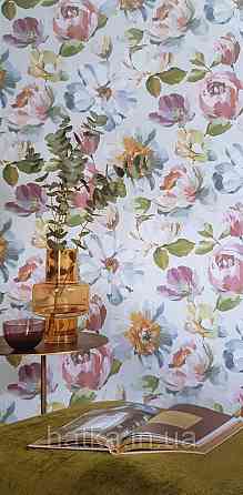 Шпалери вінілові на флізеліні Grandeco Universe 5 квіти півонії великі яскраві на сірому Київ