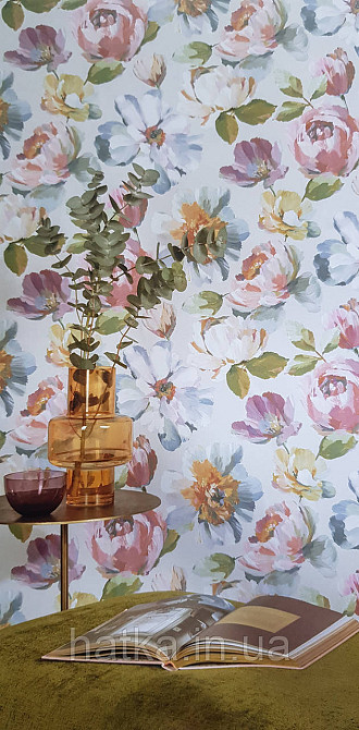 Шпалери вінілові на флізеліні Grandeco Universe 5 квіти півонії великі яскраві на сірому Київ - фото 1