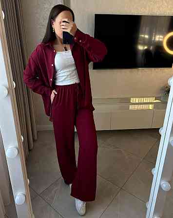 Жіночий базовий брючний костюм-двійка: сорочка та штани ролекс Бургунді, 48/52 Одеса