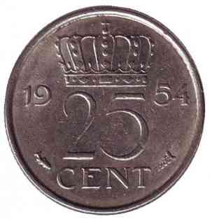 Монета 25 центов. 1954 год, Нидерланды. Полтава