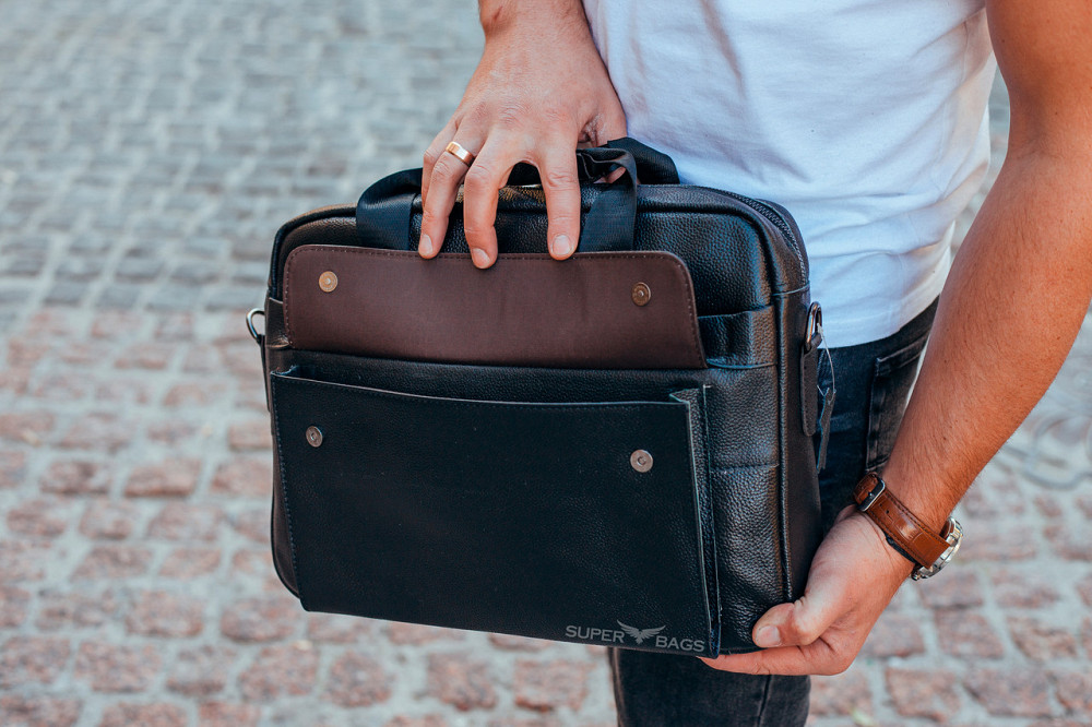 Мужская сумка для ноутбука Tiding Bag (39 х 28 х 8 см) портфель из натуральной кожи Черный Киев - изображение 6