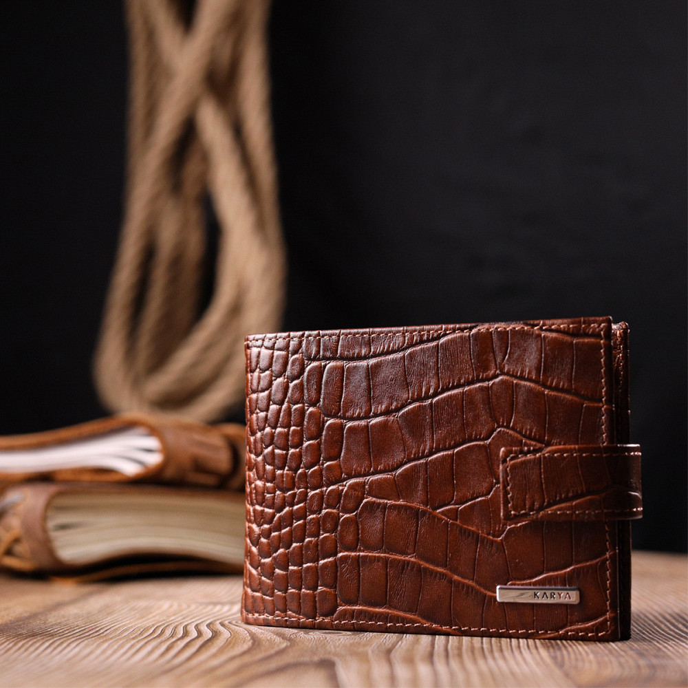 Интересный мужской кошелек из натуральной кожи с тиснением под крокодила KARYA 21202 Коричневый Киев - изображение 3