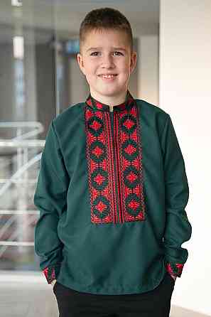 Вышиванка для мальчиков с длинным рукавом льняная изумрудная, топ топ 152 Киев