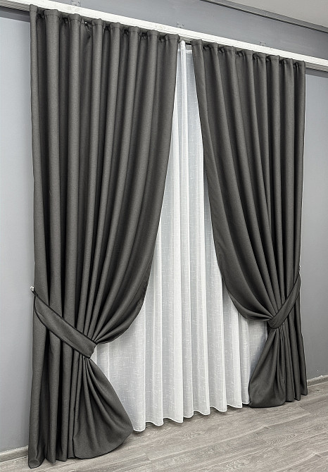 Комплект штор VR-Textil рогожка преміум TERRA LUXE 200х270 2шт і Тюль 600х270 1857ш-115т графітовий з білим 71-075/7 Київ - фото 2