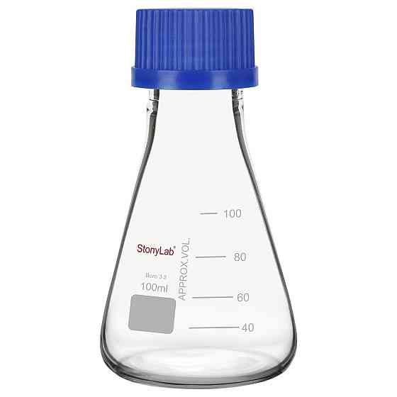 Колба коническая Erlenmeyer stonylab 100 мл синяя градуированная с крышкой боросиликатное стекло лабораторная Киев