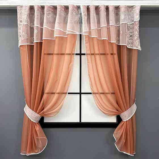 Кухонные шторы VR-Textil № 091к с ламбрекеном и подвязками терракотовый с молочным 280х170 см (52-1190) Киев